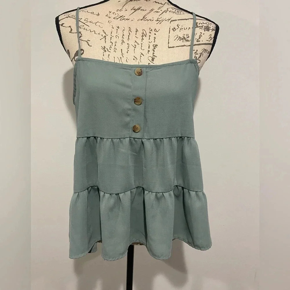 Paper Crane Anthropologie Three Tier Ruffle Cami TankTop Light Green size small